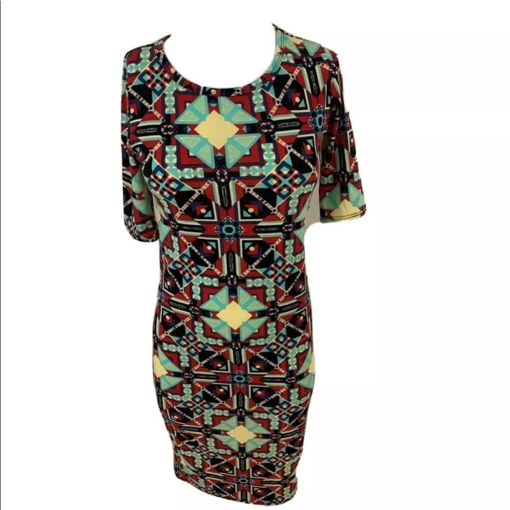 LuLaRoe Womens Julia Dress Red Blue Geometric